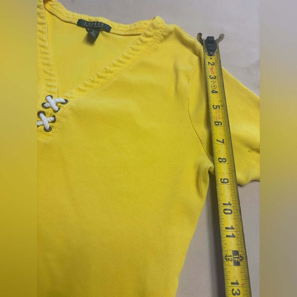 Lauren Ralph Lauren Women's Shirt Sz XL Yellow Lace-Up V-Neck Ribbed Cotton FLAW - Picture 9 of 16